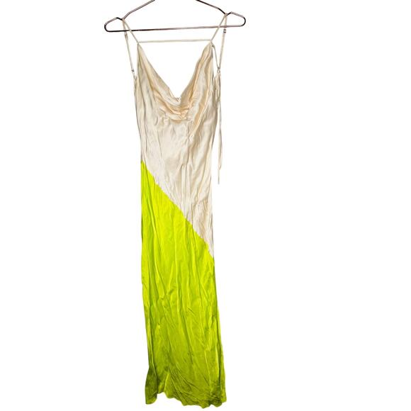 SAN SLOANE White Lime Green Satin Slip Style Cowl Neck Dress Size Small - Picture 6 of 14